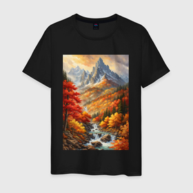 Мужская футболка хлопок с принтом Осенний пейзаж с горной рекой в Тюмени, 100% хлопок | прямой крой, круглый вырез горловины, длина до линии бедер, слегка спущенное плечо. | Тематика изображения на принте: 