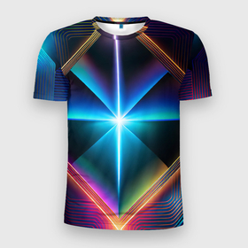 Мужская футболка 3D Slim с принтом Светящиеся лучи в квадрате в Кировске, 100% полиэстер с улучшенными характеристиками | приталенный силуэт, круглая горловина, широкие плечи, сужается к линии бедра | 