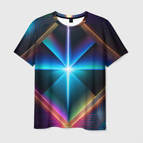 Мужская футболка 3D с принтом Светящиеся лучи в квадрате в Курске, 100% полиэфир | прямой крой, круглый вырез горловины, длина до линии бедер | Тематика изображения на принте: 