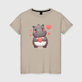 Женская футболка хлопок с принтом Милый бегемотик с сердечками в Курске, 100% хлопок | прямой крой, круглый вырез горловины, длина до линии бедер, слегка спущенное плечо | 