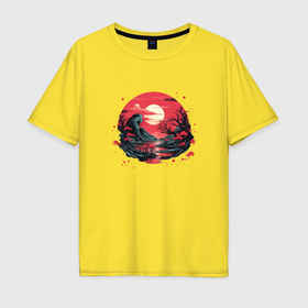 Мужская футболка хлопок Oversize с принтом Алый закат в японском лесу в Санкт-Петербурге, 100% хлопок | свободный крой, круглый ворот, “спинка” длиннее передней части | Тематика изображения на принте: 