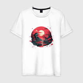 Мужская футболка хлопок с принтом Алый закат в японском лесу в Петрозаводске, 100% хлопок | прямой крой, круглый вырез горловины, длина до линии бедер, слегка спущенное плечо. | Тематика изображения на принте: 