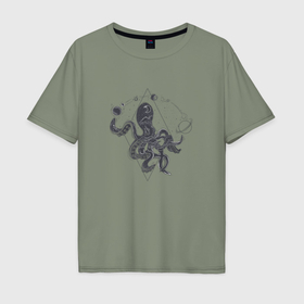Мужская футболка хлопок Oversize с принтом Космический осьминог с планетами в Кировске, 100% хлопок | свободный крой, круглый ворот, “спинка” длиннее передней части | 