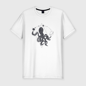 Мужская футболка хлопок Slim с принтом Космический осьминог с планетами в Белгороде, 92% хлопок, 8% лайкра | приталенный силуэт, круглый вырез ворота, длина до линии бедра, короткий рукав | Тематика изображения на принте: 