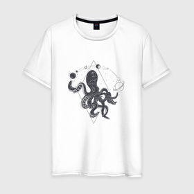Мужская футболка хлопок с принтом Космический осьминог с планетами в Белгороде, 100% хлопок | прямой крой, круглый вырез горловины, длина до линии бедер, слегка спущенное плечо. | Тематика изображения на принте: 