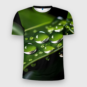 Мужская футболка 3D Slim с принтом Роса на траве макро в Санкт-Петербурге, 100% полиэстер с улучшенными характеристиками | приталенный силуэт, круглая горловина, широкие плечи, сужается к линии бедра | Тематика изображения на принте: 