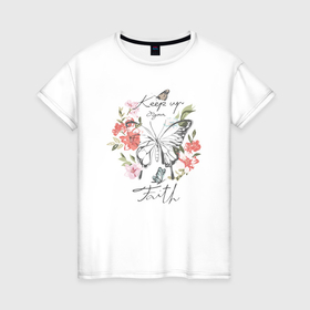 Женская футболка хлопок с принтом Цветы и бабочка в Белгороде, 100% хлопок | прямой крой, круглый вырез горловины, длина до линии бедер, слегка спущенное плечо | 