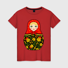 Женская футболка хлопок с принтом Матрёшка в хохломской росписи в Новосибирске, 100% хлопок | прямой крой, круглый вырез горловины, длина до линии бедер, слегка спущенное плечо | 