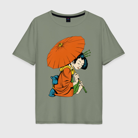 Мужская футболка хлопок Oversize с принтом Японка с зонтом в Екатеринбурге, 100% хлопок | свободный крой, круглый ворот, “спинка” длиннее передней части | Тематика изображения на принте: 