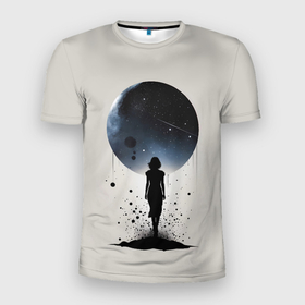 Мужская футболка 3D Slim с принтом Силуэт девушки на фоне космоса в Новосибирске, 100% полиэстер с улучшенными характеристиками | приталенный силуэт, круглая горловина, широкие плечи, сужается к линии бедра | 