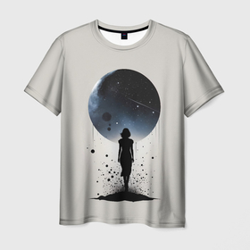 Мужская футболка 3D с принтом Силуэт девушки на фоне космоса в Санкт-Петербурге, 100% полиэфир | прямой крой, круглый вырез горловины, длина до линии бедер | Тематика изображения на принте: 