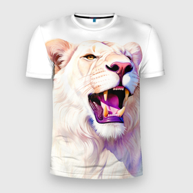 Мужская футболка 3D Slim с принтом Белый лев   акварель в Екатеринбурге, 100% полиэстер с улучшенными характеристиками | приталенный силуэт, круглая горловина, широкие плечи, сужается к линии бедра | 