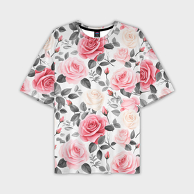 Мужская футболка oversize 3D с принтом Розовые розы и серые листочки   паттерн ,  |  | Тематика изображения на принте: 