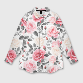 Мужская рубашка oversize 3D с принтом Розовые розы и серые листочки   паттерн в Петрозаводске,  |  | 