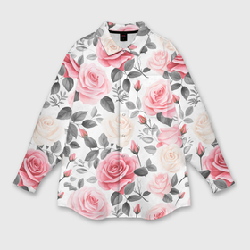 Женская рубашка oversize 3D с принтом Розовые розы и серые листочки   паттерн в Тюмени,  |  | 
