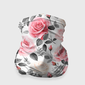 Бандана-труба 3D с принтом Розовые розы и серые листочки   паттерн в Курске, 100% полиэстер, ткань с особыми свойствами — Activecool | плотность 150‒180 г/м2; хорошо тянется, но сохраняет форму | 