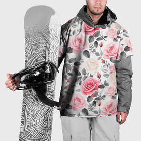 Накидка на куртку 3D с принтом Розовые розы и серые листочки   паттерн в Тюмени, 100% полиэстер |  | 