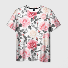 Мужская футболка 3D с принтом Розовые розы и серые листочки   паттерн в Курске, 100% полиэфир | прямой крой, круглый вырез горловины, длина до линии бедер | 
