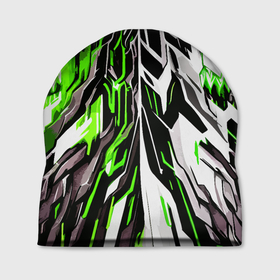Шапка 3D с принтом Зелёная и белая абстракция на чёрном фоне в Курске, 100% полиэстер | универсальный размер, печать по всей поверхности изделия | 
