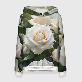 Женская толстовка 3D с принтом Белые чайные розы в Петрозаводске, 100% полиэстер  | двухслойный капюшон со шнурком для регулировки, мягкие манжеты на рукавах и по низу толстовки, спереди карман-кенгуру с мягким внутренним слоем. | 