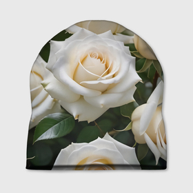 Шапка 3D с принтом Белые чайные розы в Петрозаводске, 100% полиэстер | универсальный размер, печать по всей поверхности изделия | Тематика изображения на принте: 