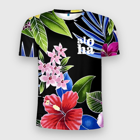 Мужская футболка 3D Slim с принтом Tropical flowers   aloha в Курске, 100% полиэстер с улучшенными характеристиками | приталенный силуэт, круглая горловина, широкие плечи, сужается к линии бедра | 
