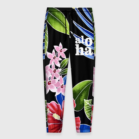 Мужские брюки 3D с принтом Tropical flowers   aloha в Кировске, 100% полиэстер | манжеты по низу, эластичный пояс регулируется шнурком, по бокам два кармана без застежек, внутренняя часть кармана из мелкой сетки | 