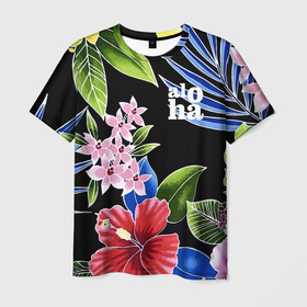 Мужская футболка 3D с принтом Tropical flowers   aloha в Белгороде, 100% полиэфир | прямой крой, круглый вырез горловины, длина до линии бедер | Тематика изображения на принте: 