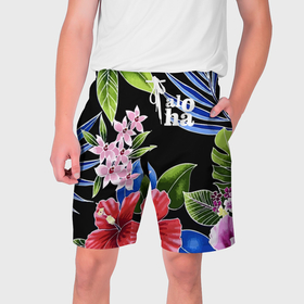 Мужские шорты 3D с принтом Tropical flowers   aloha в Екатеринбурге,  полиэстер 100% | прямой крой, два кармана без застежек по бокам. Мягкая трикотажная резинка на поясе, внутри которой широкие завязки. Длина чуть выше колен | 