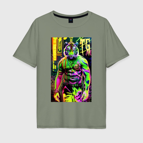 Мужская футболка хлопок Oversize с принтом Dude tiger   neon в Петрозаводске, 100% хлопок | свободный крой, круглый ворот, “спинка” длиннее передней части | 