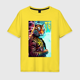 Мужская футболка хлопок Oversize с принтом Модный тигр   неон в Петрозаводске, 100% хлопок | свободный крой, круглый ворот, “спинка” длиннее передней части | 