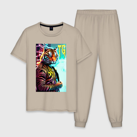 Мужская пижама хлопок с принтом Модный тигр   неон в Курске, 100% хлопок | брюки и футболка прямого кроя, без карманов, на брюках мягкая резинка на поясе и по низу штанин
 | 