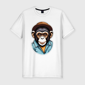 Мужская футболка хлопок Slim с принтом Портрет обезьяны в шляпе в Петрозаводске, 92% хлопок, 8% лайкра | приталенный силуэт, круглый вырез ворота, длина до линии бедра, короткий рукав | 