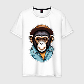 Мужская футболка хлопок с принтом Портрет обезьяны в шляпе в Курске, 100% хлопок | прямой крой, круглый вырез горловины, длина до линии бедер, слегка спущенное плечо. | 
