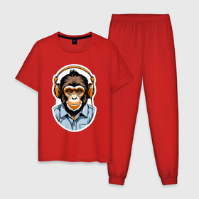 Мужская пижама хлопок с принтом Портрет обезьяны в наушниках в Курске, 100% хлопок | брюки и футболка прямого кроя, без карманов, на брюках мягкая резинка на поясе и по низу штанин
 | 