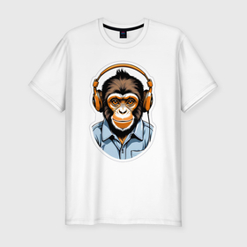 Мужская футболка хлопок Slim с принтом Портрет обезьяны в наушниках в Петрозаводске, 92% хлопок, 8% лайкра | приталенный силуэт, круглый вырез ворота, длина до линии бедра, короткий рукав | 