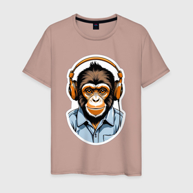 Мужская футболка хлопок с принтом Портрет обезьяны в наушниках в Белгороде, 100% хлопок | прямой крой, круглый вырез горловины, длина до линии бедер, слегка спущенное плечо. | 