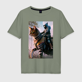 Мужская футболка хлопок Oversize с принтом The rider on the cat   cyberpunk в Санкт-Петербурге, 100% хлопок | свободный крой, круглый ворот, “спинка” длиннее передней части | Тематика изображения на принте: 