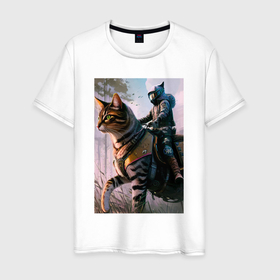 Мужская футболка хлопок с принтом The rider on the cat   cyberpunk в Санкт-Петербурге, 100% хлопок | прямой крой, круглый вырез горловины, длина до линии бедер, слегка спущенное плечо. | 
