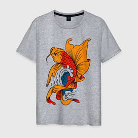 Мужская футболка хлопок с принтом Рыба кои в японском стиле в Кировске, 100% хлопок | прямой крой, круглый вырез горловины, длина до линии бедер, слегка спущенное плечо. | Тематика изображения на принте: 