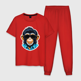 Мужская пижама хлопок с принтом Портрет обезьяны в темных очках в Петрозаводске, 100% хлопок | брюки и футболка прямого кроя, без карманов, на брюках мягкая резинка на поясе и по низу штанин
 | 