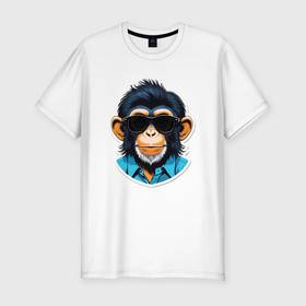 Мужская футболка хлопок Slim с принтом Портрет обезьяны в темных очках в Петрозаводске, 92% хлопок, 8% лайкра | приталенный силуэт, круглый вырез ворота, длина до линии бедра, короткий рукав | 
