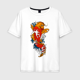 Мужская футболка хлопок Oversize с принтом Карп кои в японском стиле в Белгороде, 100% хлопок | свободный крой, круглый ворот, “спинка” длиннее передней части | Тематика изображения на принте: 