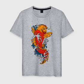 Мужская футболка хлопок с принтом Карп кои в японском стиле в Санкт-Петербурге, 100% хлопок | прямой крой, круглый вырез горловины, длина до линии бедер, слегка спущенное плечо. | Тематика изображения на принте: 