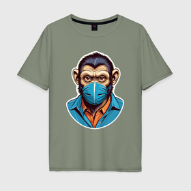 Мужская футболка хлопок Oversize с принтом Портрет обезьяны в маске в Екатеринбурге, 100% хлопок | свободный крой, круглый ворот, “спинка” длиннее передней части | 