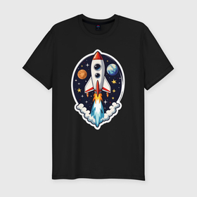 Мужская футболка хлопок Slim с принтом Ракета в космосе в Кировске, 92% хлопок, 8% лайкра | приталенный силуэт, круглый вырез ворота, длина до линии бедра, короткий рукав | 