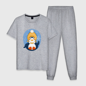 Мужская пижама хлопок с принтом Пингвин со снежинкой в Курске, 100% хлопок | брюки и футболка прямого кроя, без карманов, на брюках мягкая резинка на поясе и по низу штанин
 | 