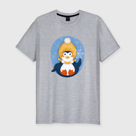 Мужская футболка хлопок Slim с принтом Пингвин со снежинкой в Кировске, 92% хлопок, 8% лайкра | приталенный силуэт, круглый вырез ворота, длина до линии бедра, короткий рукав | 