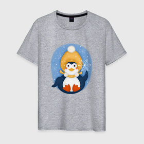 Мужская футболка хлопок с принтом Пингвин со снежинкой в Курске, 100% хлопок | прямой крой, круглый вырез горловины, длина до линии бедер, слегка спущенное плечо. | Тематика изображения на принте: 