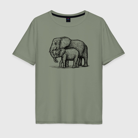 Мужская футболка хлопок Oversize с принтом Слониха и слоненок в Тюмени, 100% хлопок | свободный крой, круглый ворот, “спинка” длиннее передней части | 